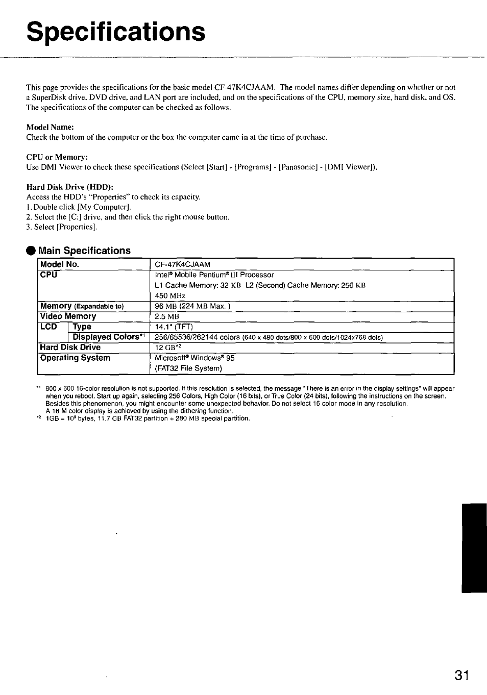 Specifications, Main specifications | Panasonic CF-47 Series User Manual | Page 31 / 36