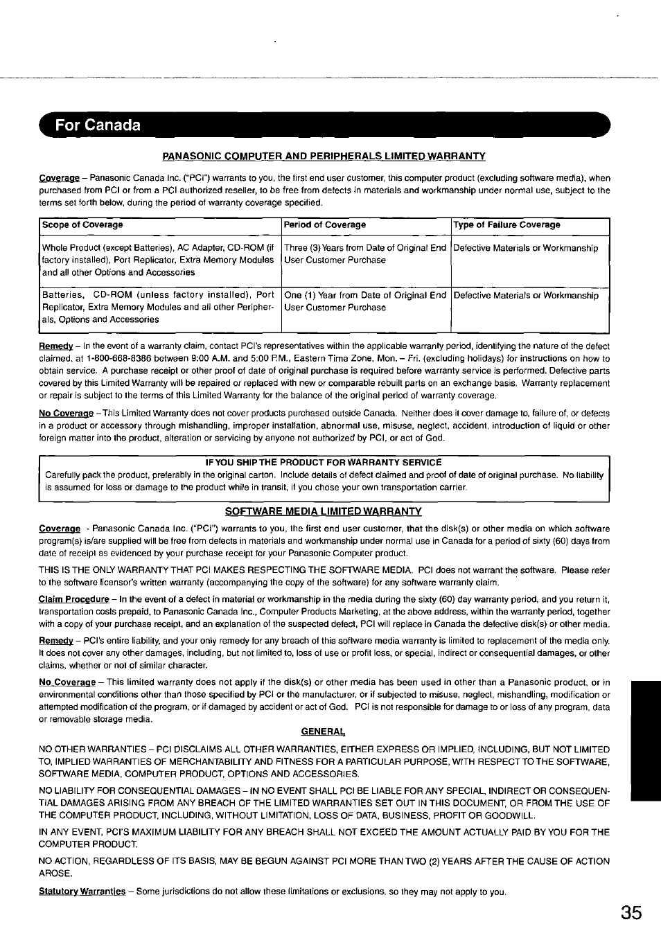 For canada | Panasonic CF-47 Series User Manual | Page 35 / 36