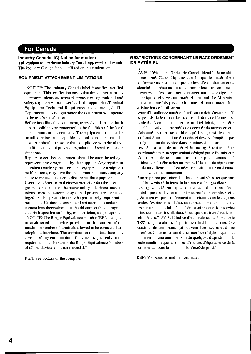 For canada, Industry canada (1c) notice for modem, Equipment attachement limitations | Panasonic CF-47 Series User Manual | Page 4 / 36