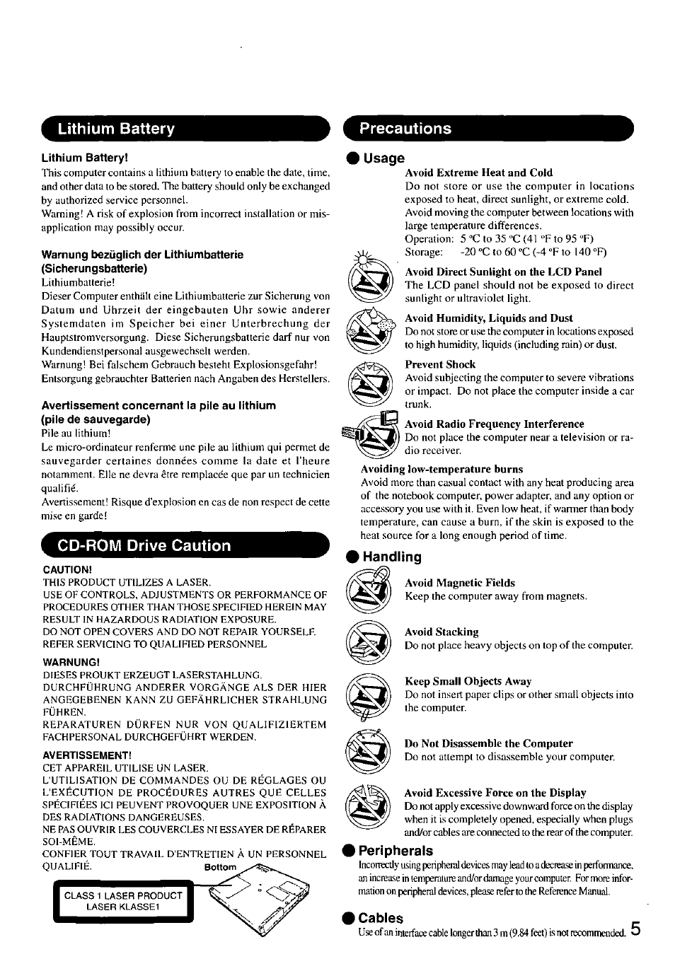 Lithium battery, Precautions, Cd-rom drive caution | Usage, Handling, Peripherals, Cables, Lithium battery precautions | Panasonic CF-47 Series User Manual | Page 5 / 36