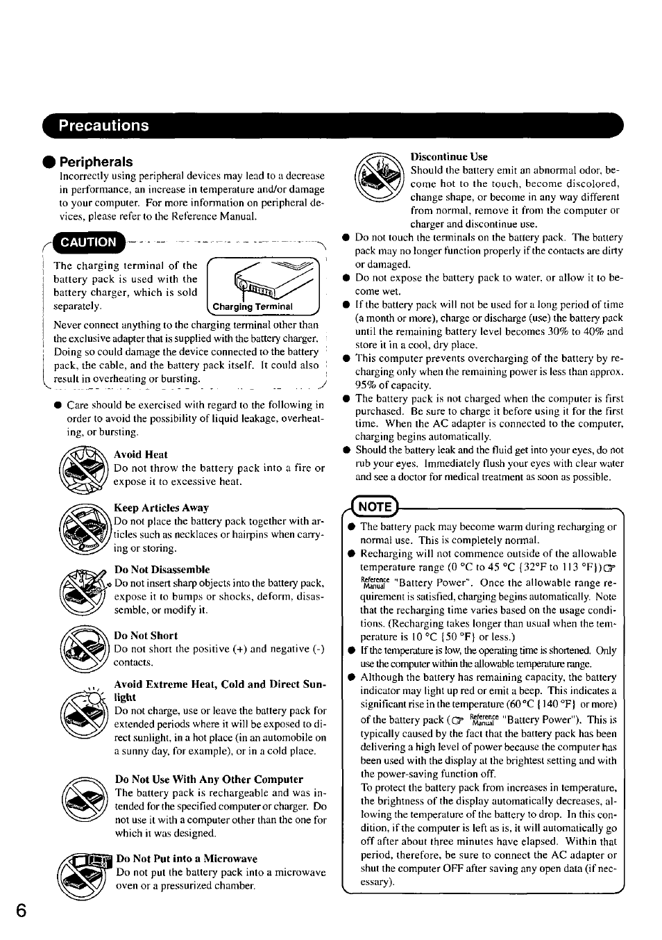 Precautions, Peripherals | Panasonic CF-47 Series User Manual | Page 6 / 36