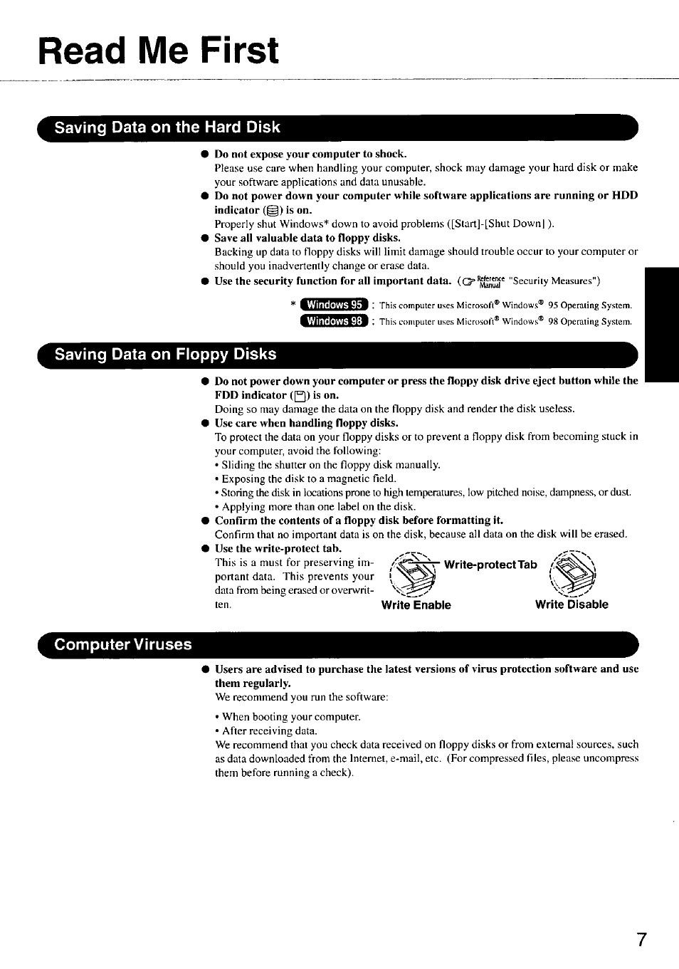 Saving data on the hard disk, Saving data on floppy disks, Write-protect tab | Write disabie, Computer viruses, Read me first | Panasonic CF-47 Series User Manual | Page 7 / 36