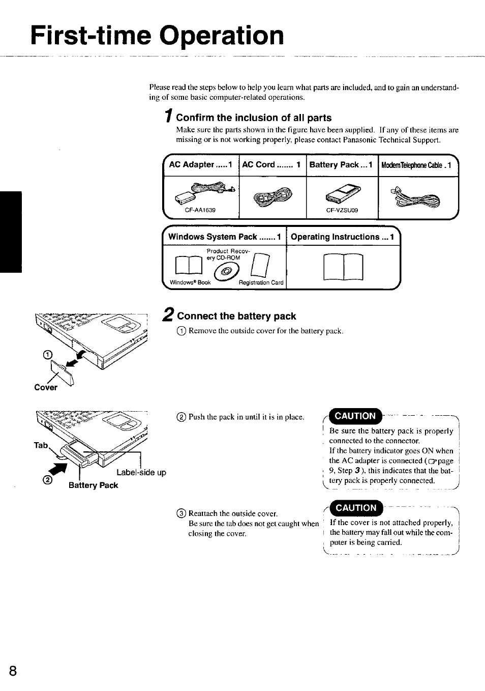 First-time operation, 1 confirm the inclusion of all parts, 2 connect the battery pack | Lu u | Panasonic CF-47 Series User Manual | Page 8 / 36