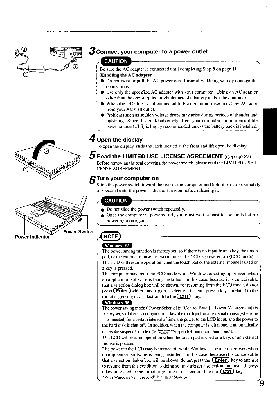 3 connect your computer to a power outlet, Open the display, Turn your computer on | 3 connect | Panasonic CF-47 Series User Manual | Page 9 / 36