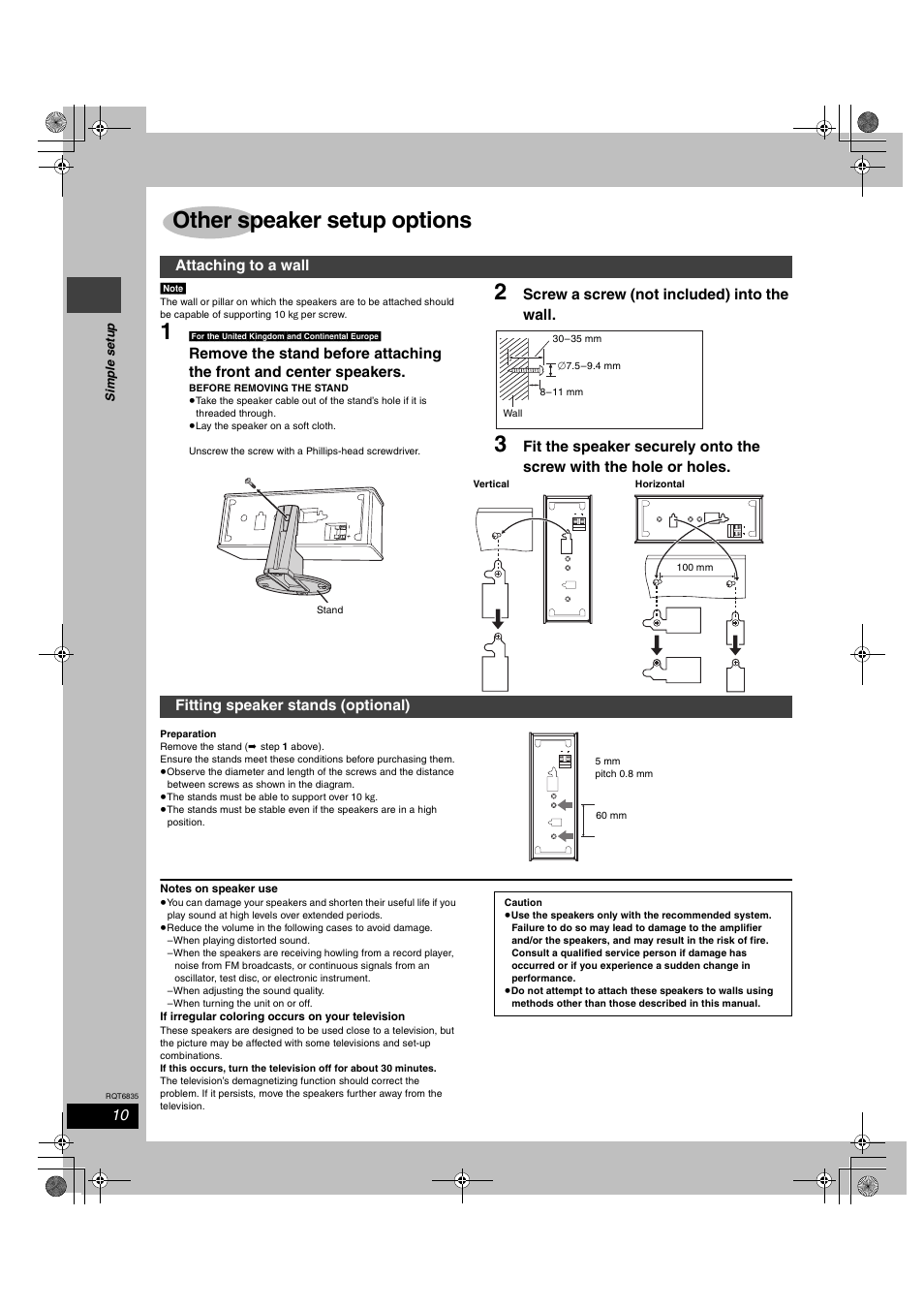 Other speaker setup options, Screw a screw (not included) into the wall, Attaching to a wall | Fitting speaker stands (optional) | Panasonic SC-HT500 User Manual | Page 10 / 40