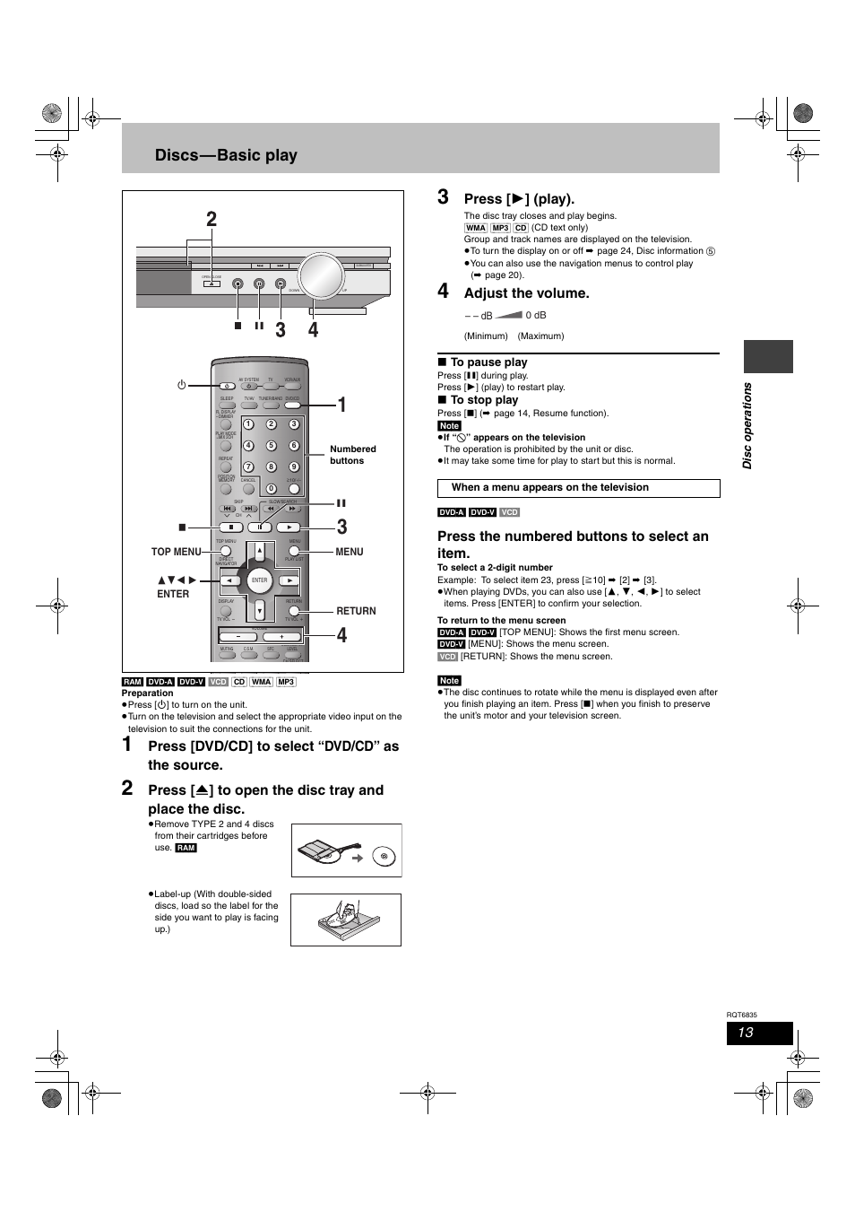 Discs—basic play, Press [dvd/cd] to select “dvd/cd” as the source, Press [ 1 ] (play) | Adjust the volume, Press the numbered buttons to select an item | Panasonic SC-HT500 User Manual | Page 13 / 40