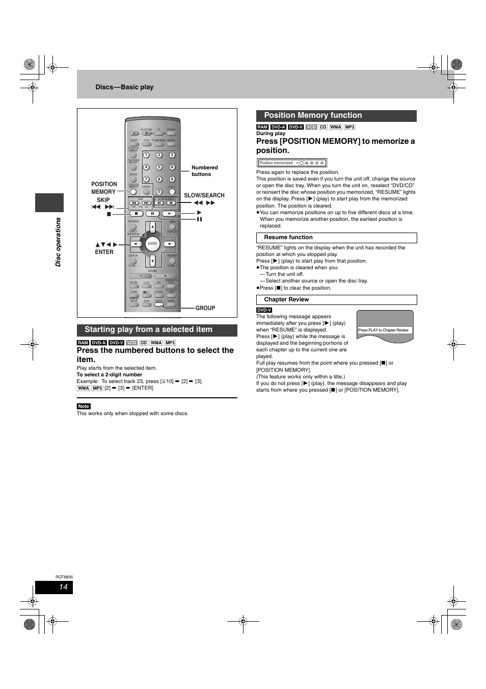 Press the numbered buttons to select the item, Starting play from a selected item, Dis c ope ra ti on s discs—basic play | Panasonic SC-HT500 User Manual | Page 14 / 40