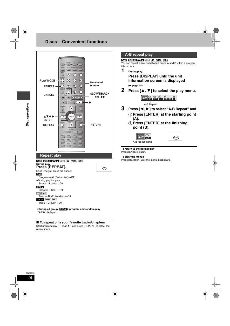Discs—convenient functions, Press [repeat, Press [ 3 , 4 ] to select the play menu | Repeat play, A-b repeat play, Dis c ope ra ti on s | Panasonic SC-HT500 User Manual | Page 16 / 40