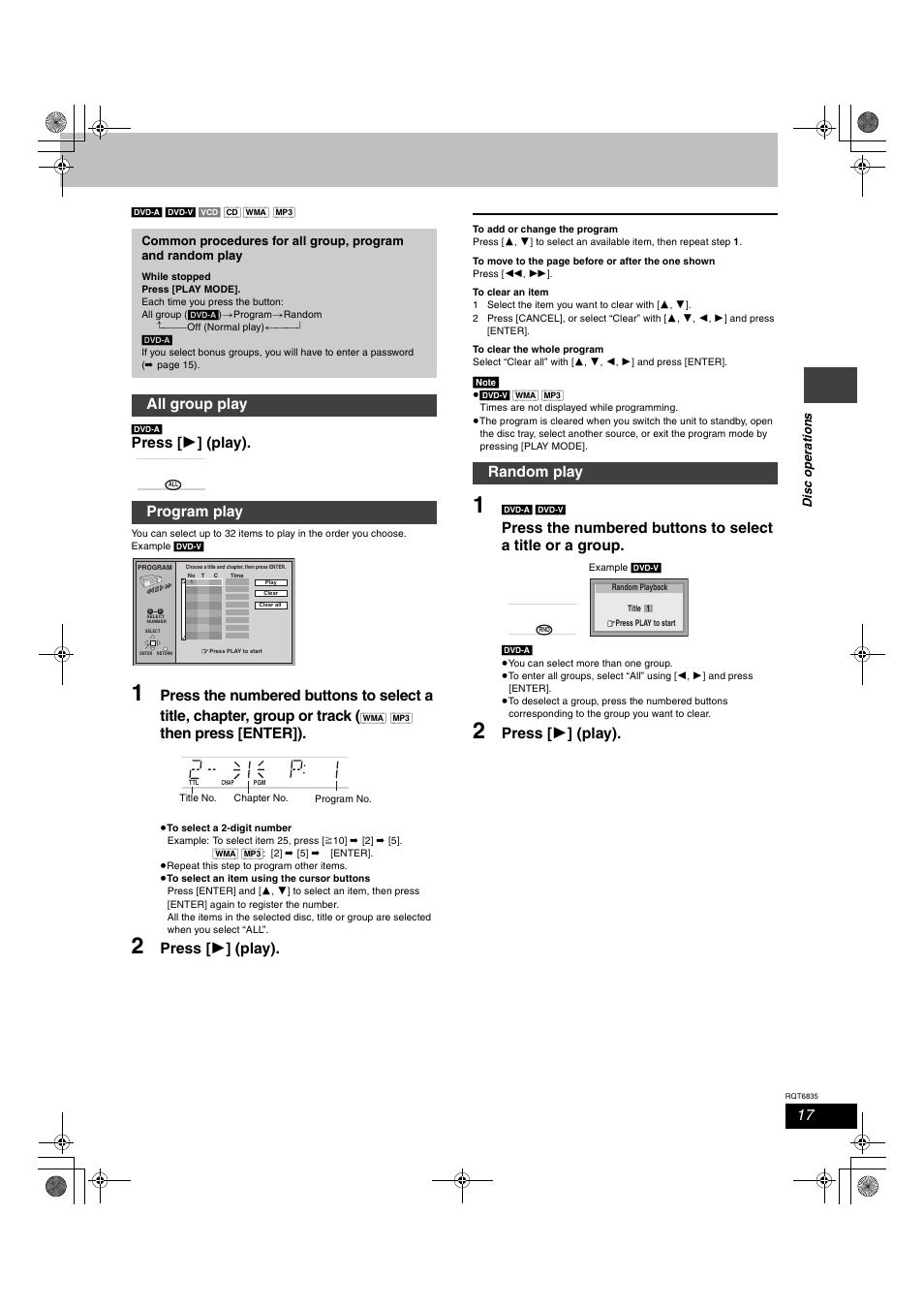 Press [ 1 ] (play), Then press [enter]), All group play program play | Random play | Panasonic SC-HT500 User Manual | Page 17 / 40