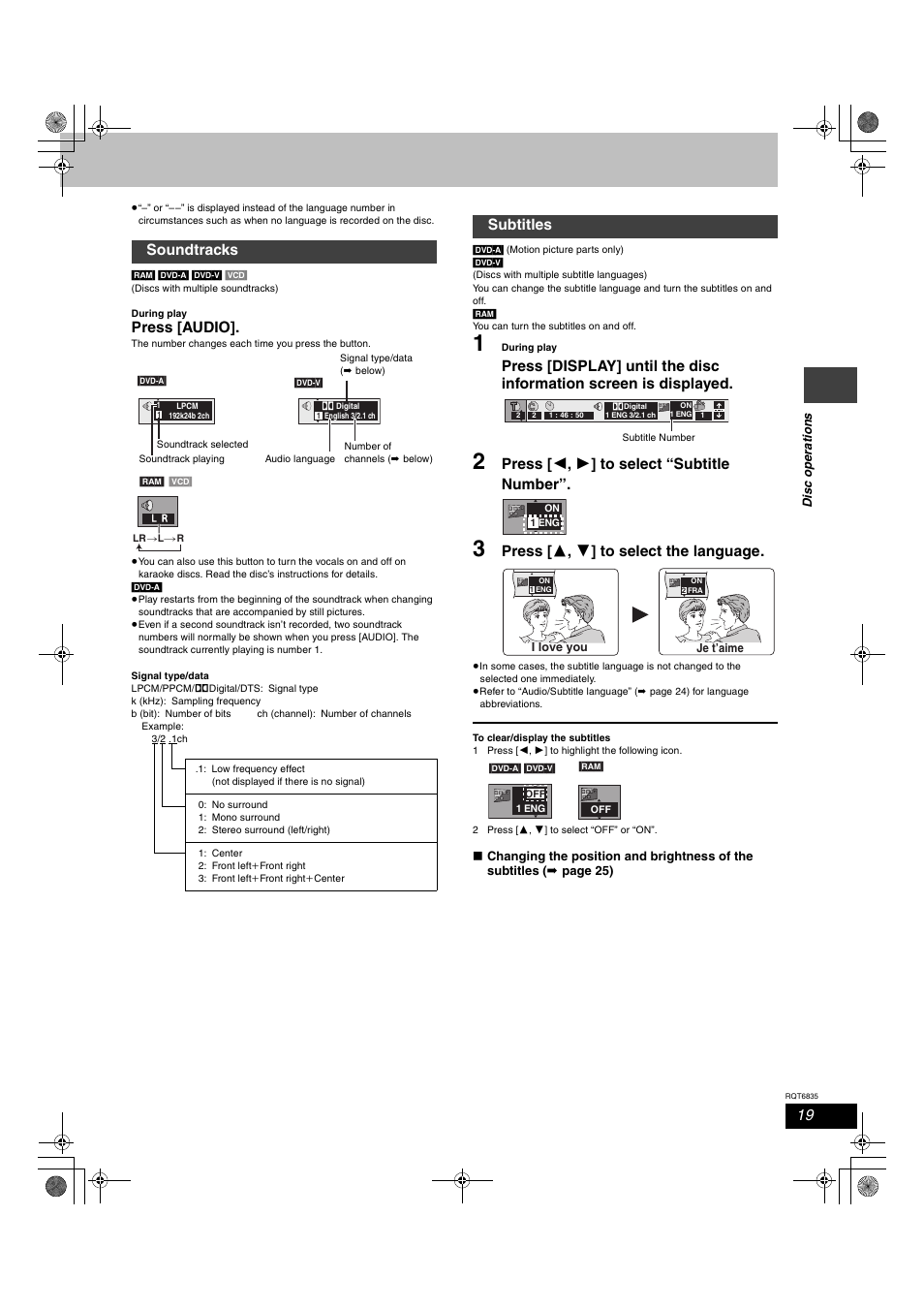 Press [audio, Press [ 2 , 1 ] to select “subtitle number, Press [ 3 , 4 ] to select the language | Soundtracks, Subtitles | Panasonic SC-HT500 User Manual | Page 19 / 40