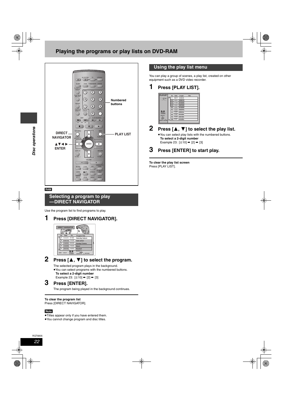 Playing the programs or play lists on dvd-ram, Press [direct navigator, Press [ 3 , 4 ] to select the program | Press [enter, Press [play list, Press [ 3 , 4 ] to select the play list, Press [enter] to start play, Selecting a program to play —direct navigator, Using the play list menu, Dis c ope ra ti on s | Panasonic SC-HT500 User Manual | Page 22 / 40