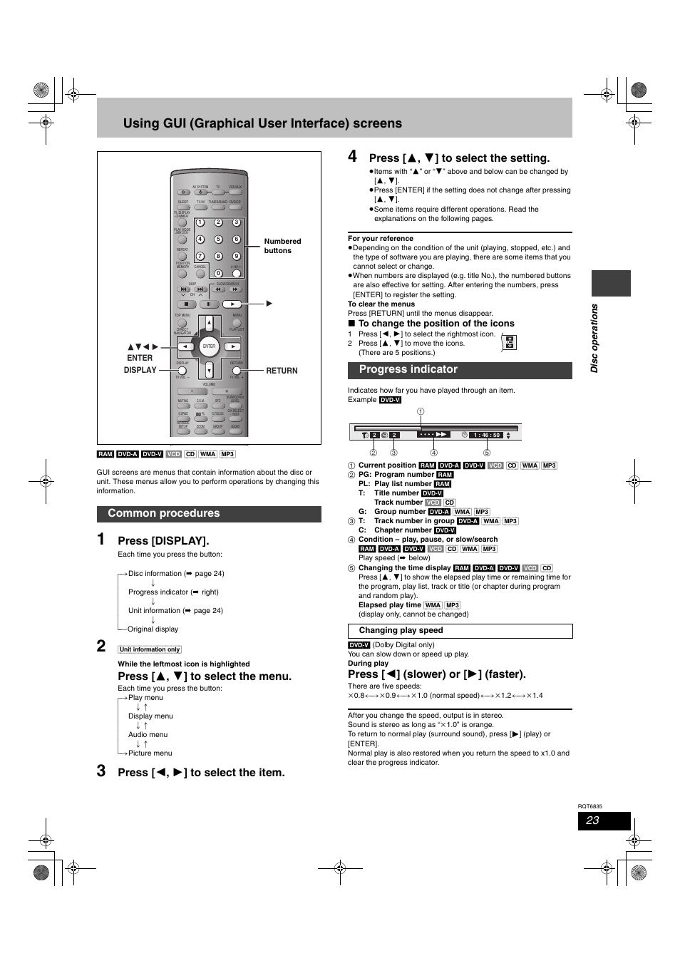 Using gui (graphical user interface) screens, Press [display, Press [ 3 , 4 ] to select the menu | Press [ 2 , 1 ] to select the item, Press [ 3 , 4 ] to select the setting, Press [ 2 ] (slower) or [ 1 ] (faster), Common procedures, Progress indicator | Panasonic SC-HT500 User Manual | Page 23 / 40