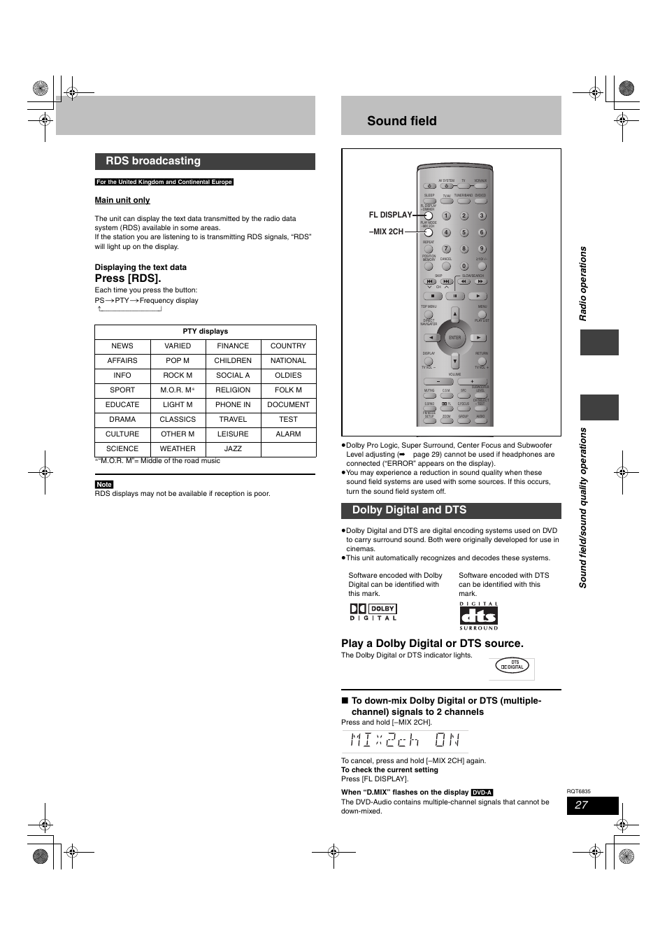 Sound field, Press [rds, Rds broadcasting | Play a dolby digital or dts source, Dolby digital and dts | Panasonic SC-HT500 User Manual | Page 27 / 40
