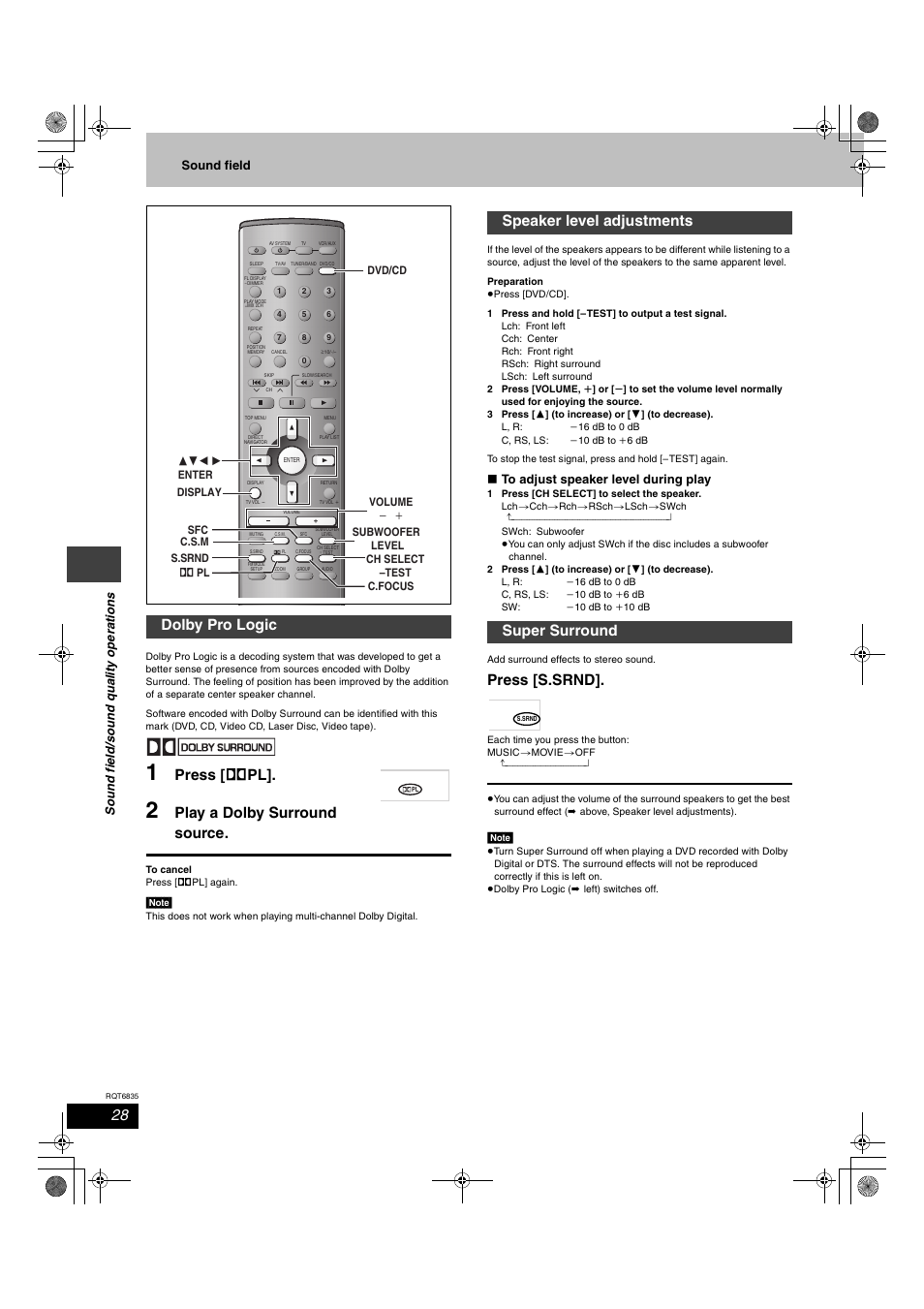 Press [ î pl, Play a dolby surround source, Press [s.srnd | Dolby pro logic, Speaker level adjustments super surround | Panasonic SC-HT500 User Manual | Page 28 / 40
