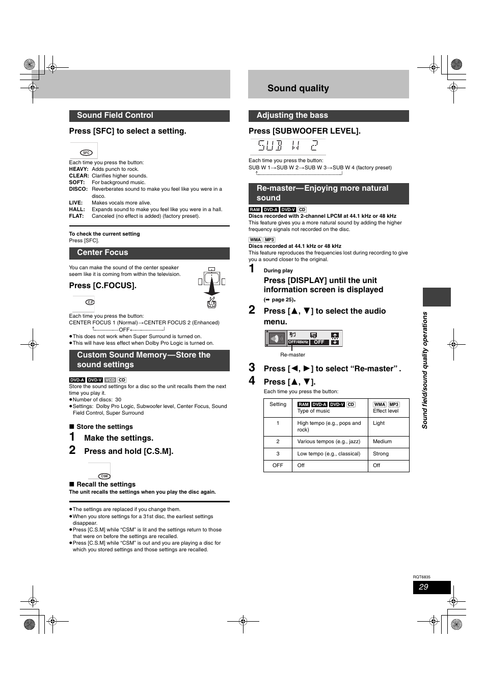 Sound quality, Press [sfc] to select a setting, Press [c.focus | Make the settings, Press and hold [c.s.m, Press [subwoofer level, Press [ 3 , 4 ] to select the audio menu, Press [ 2 , 1 ] to select “re-master, Press [ 3 , 4 | Panasonic SC-HT500 User Manual | Page 29 / 40