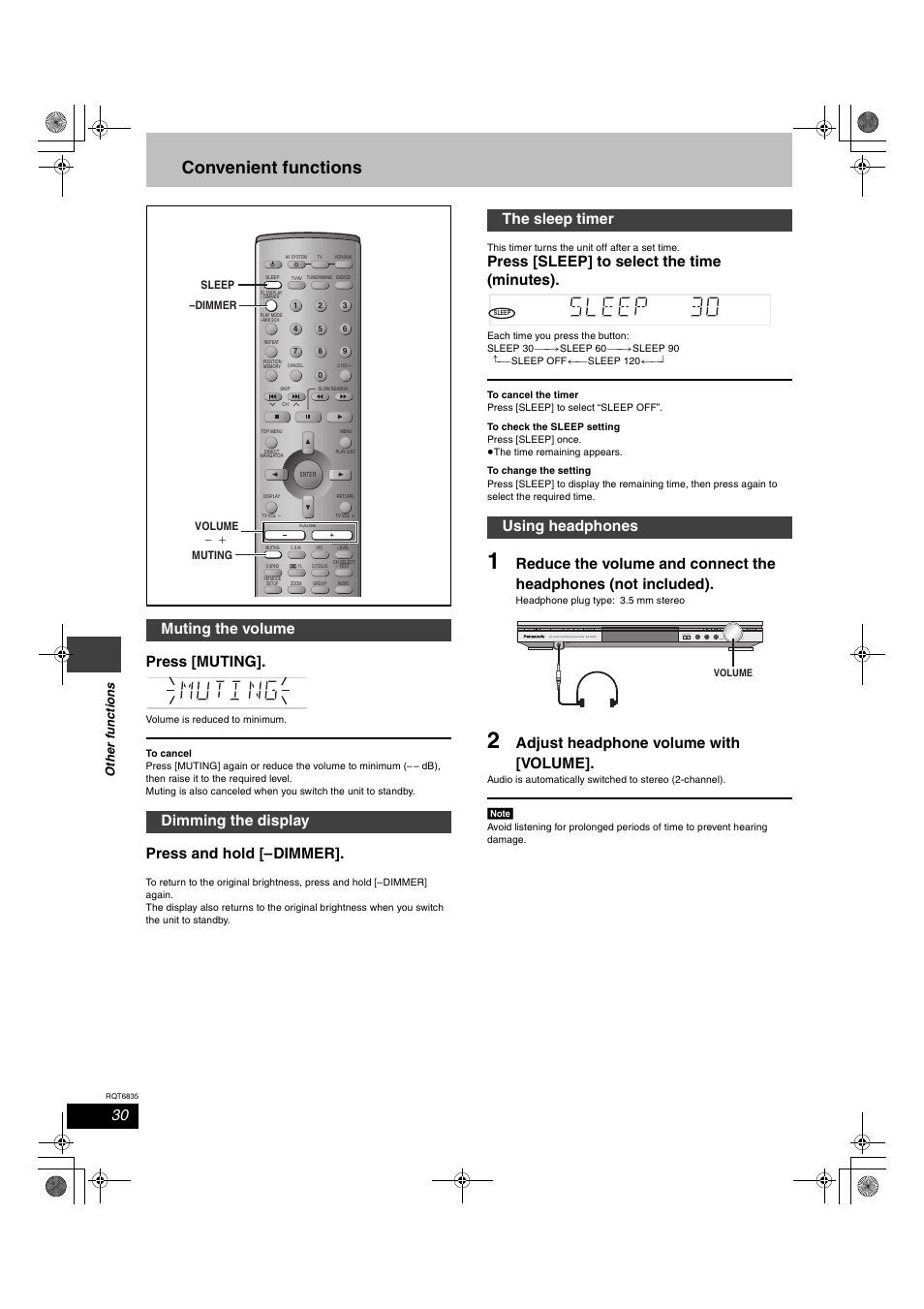 Convenient functions, Press [muting, Press and hold [–dimmer | Press [sleep] to select the time (minutes), Adjust headphone volume with [volume, Muting the volume dimming the display, The sleep timer using headphones, Í/i rds sfc selector subwoofer, Ot he r func tions | Panasonic SC-HT500 User Manual | Page 30 / 40