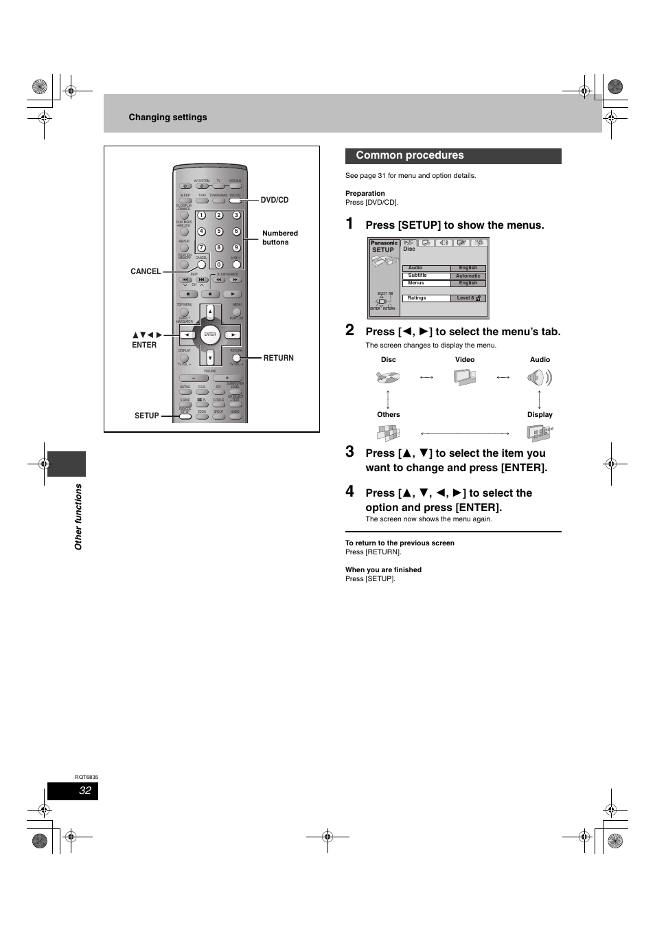 Press [setup] to show the menus, Press [ 2 , 1 ] to select the menu’s tab, Common procedures | Ot he r func tions changing settings | Panasonic SC-HT500 User Manual | Page 32 / 40
