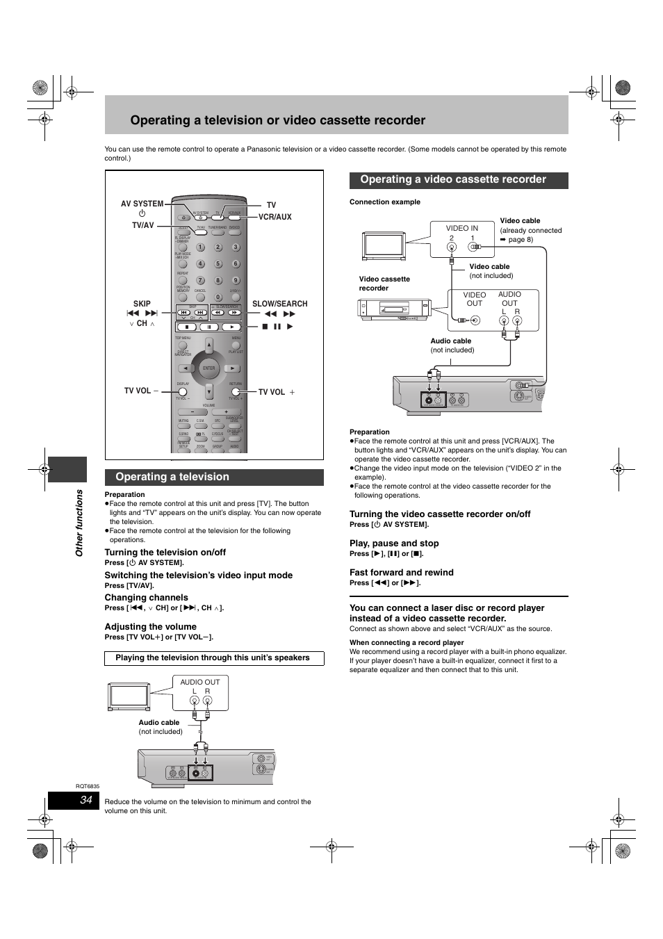 Operating a television or video cassette recorder, Operating a television, Operating a video cassette recorder | Ot he r func tions, Turning the television on/off, Switching the television’s video input mode, Changing channels, Adjusting the volume, Turning the video cassette recorder on/off, Play, pause and stop | Panasonic SC-HT500 User Manual | Page 34 / 40