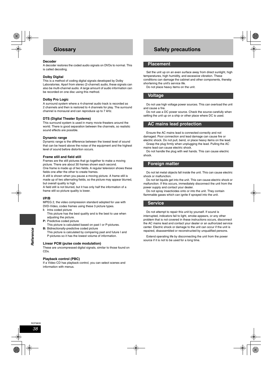 Glossary, Safety precautions | Panasonic SC-HT500 User Manual | Page 38 / 40