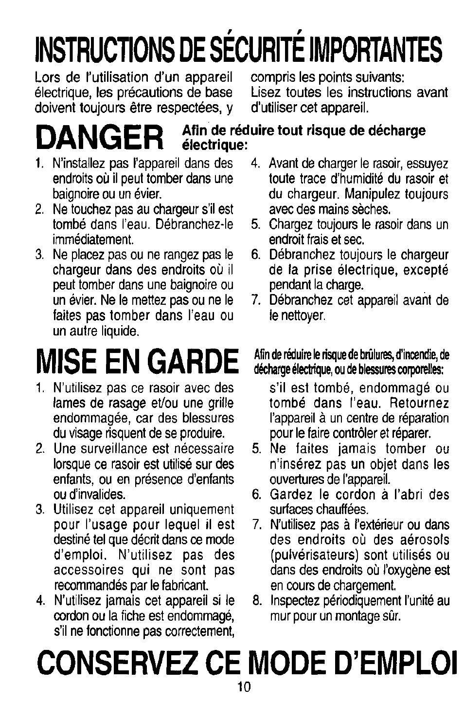 Danger, Mise en garde, Conservez ce mode d’emploi | Instructions de sécurité importantes, Afin de réduire tout risque de décharge électrique | Panasonic ES7003 User Manual | Page 10 / 24