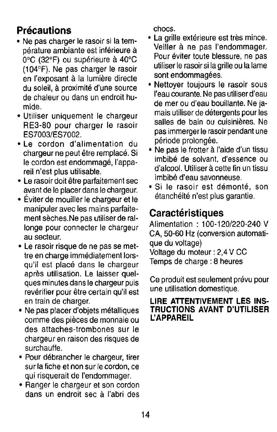 Précautions, Caractéristiques | Panasonic ES7003 User Manual | Page 14 / 24