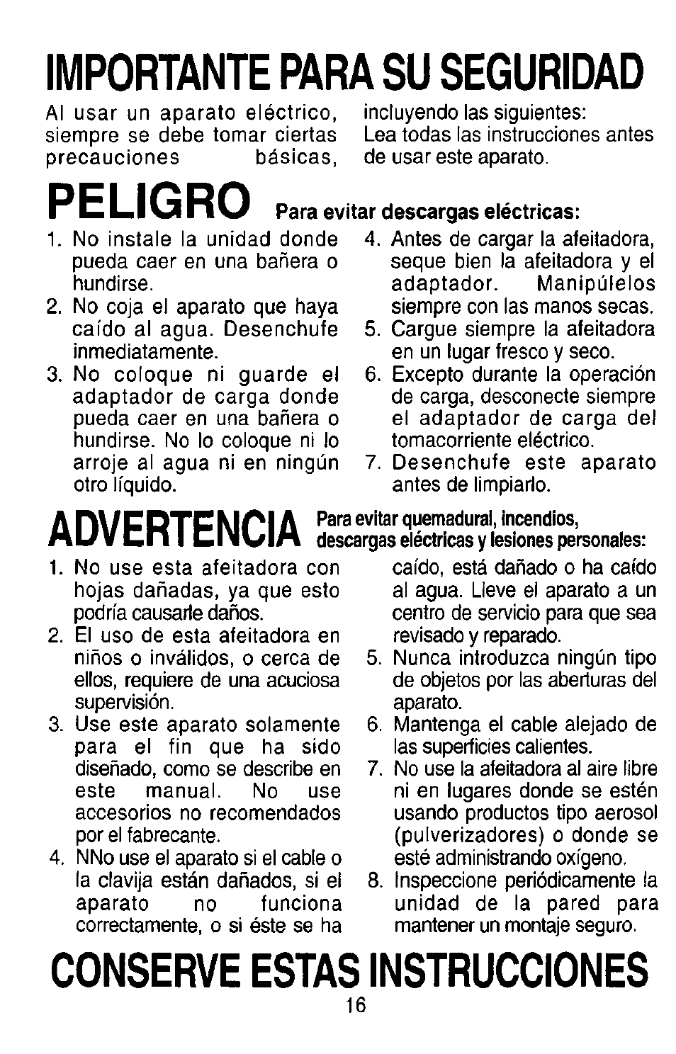 Importante para su seguridad, Peligro, Conserve estas instrucciones | Advertencia, Para evitar descargas eléctricas | Panasonic ES7003 User Manual | Page 16 / 24