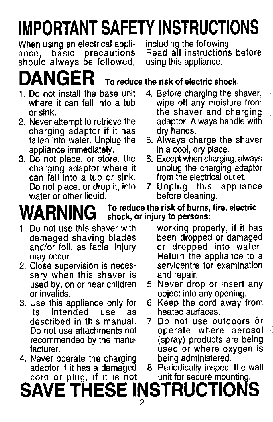 Important safety instructions, Danger, Warning | Save these instructions | Panasonic ES7003 User Manual | Page 2 / 24