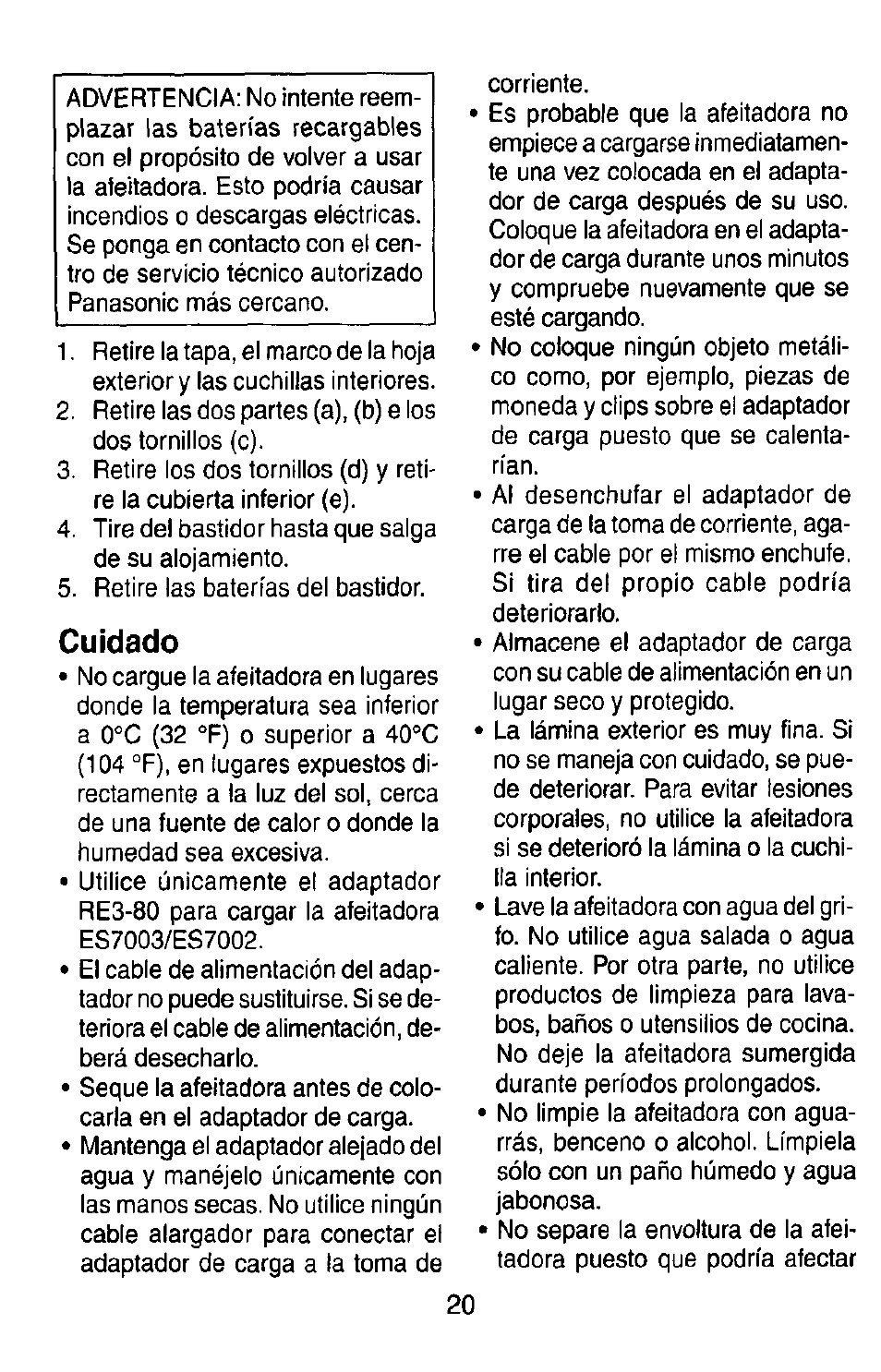 Cuidado | Panasonic ES7003 User Manual | Page 20 / 24