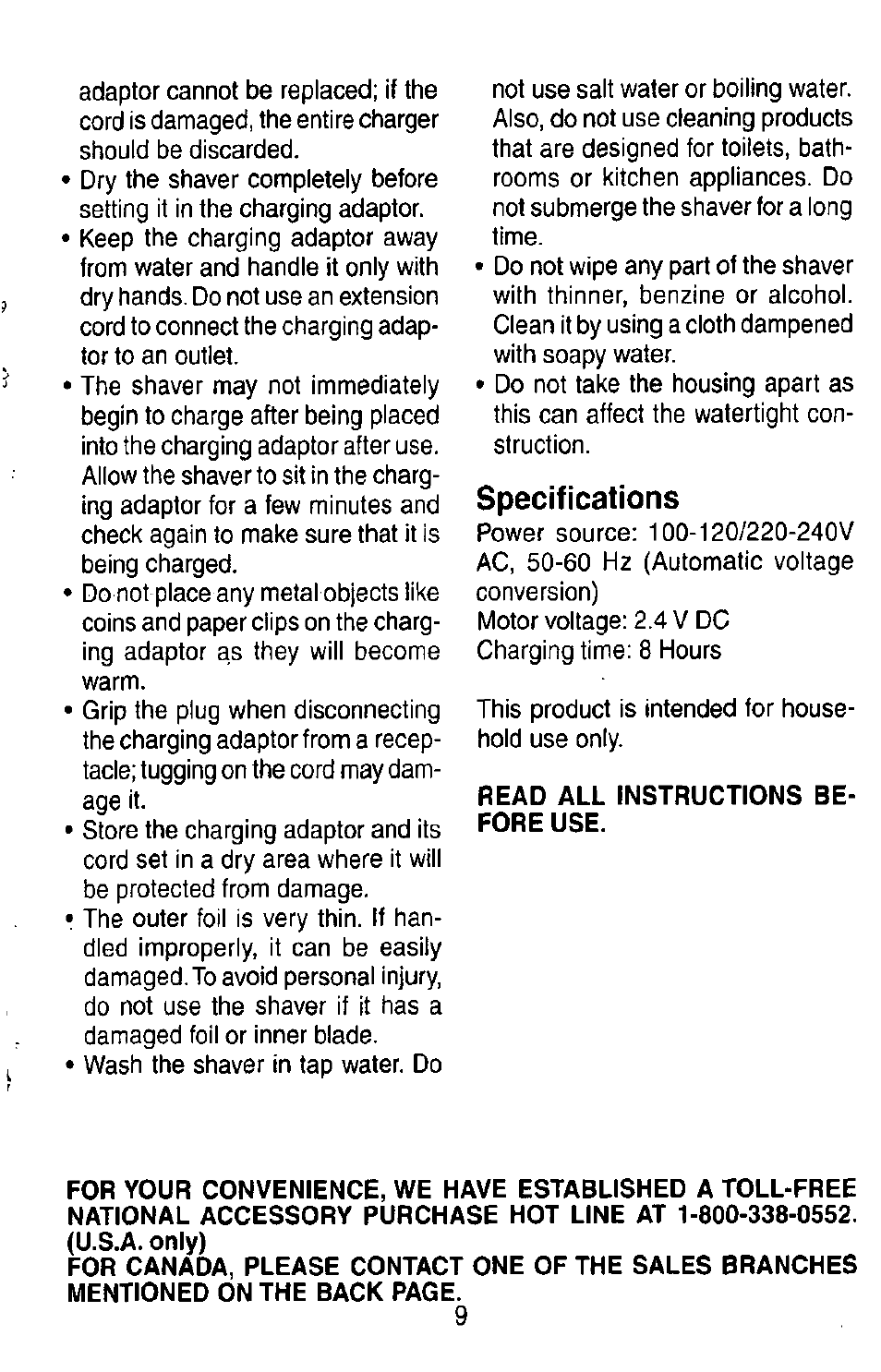 Specifications | Panasonic ES7003 User Manual | Page 9 / 24