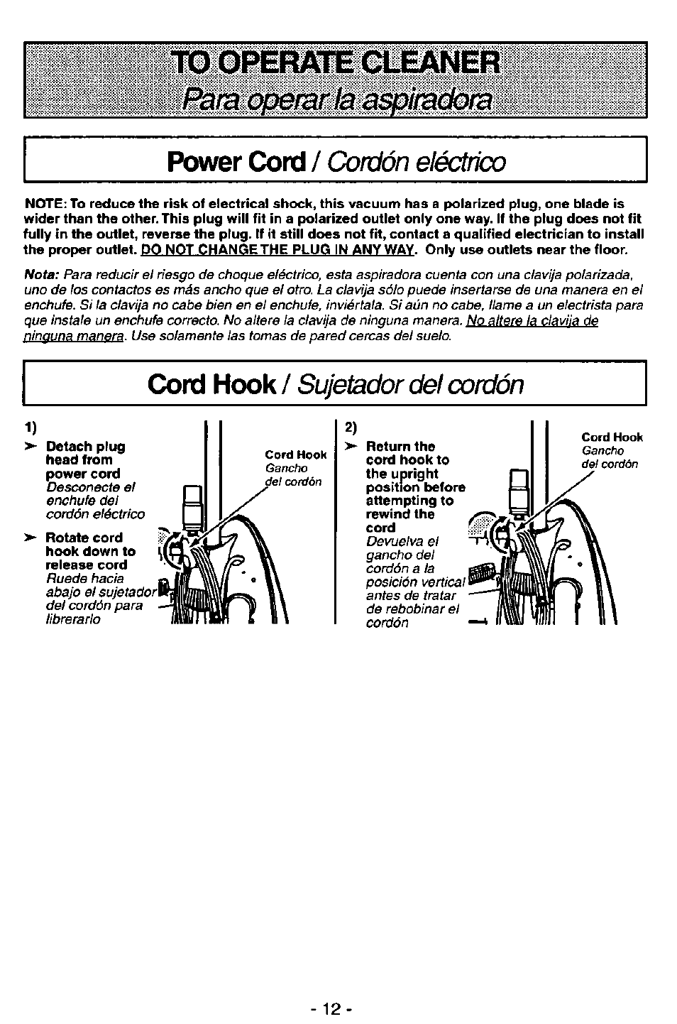 To opefwe cleaner, Power cord / cd/dón eléctrico, Cord hook / sujetador del cordón | Power cord / cordón eléctrico, Power cord / cd/dón, Cord hook, Eléctrico, Sujetador del cordón | Panasonic ASPIRADORA MC-V7521 User Manual | Page 12 / 28