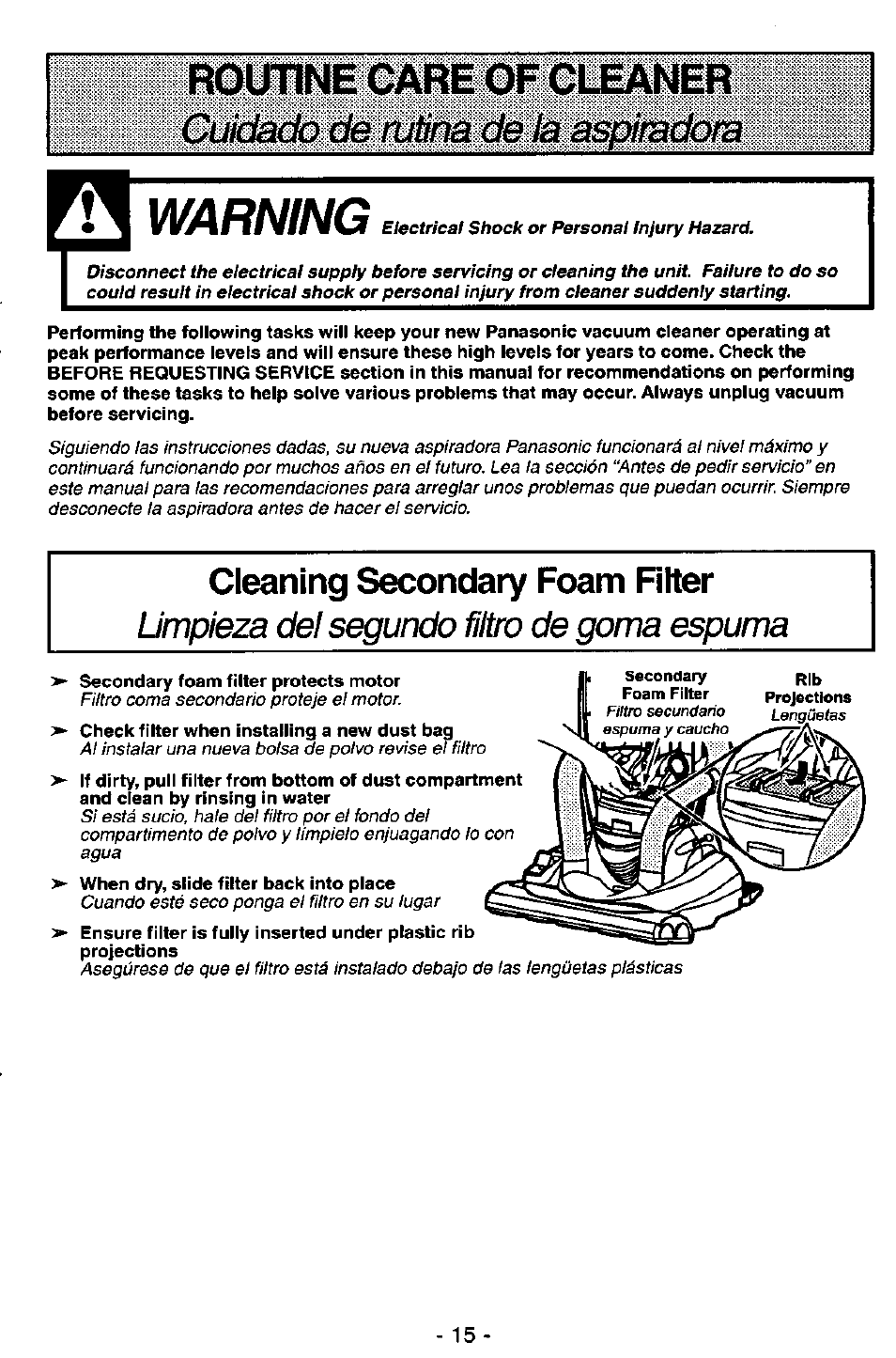 Routine care, Of cleaner, Warning | Cleaning secondary foam riter, Limpieza del segundo filtro de goma espuma, Awarning, Routine care of cleaner | Panasonic ASPIRADORA MC-V7521 User Manual | Page 15 / 28