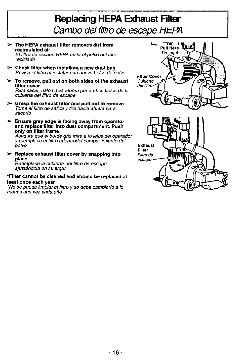 Replacing hepa exhaust riter, Cambo del filtro de escape hepa | Panasonic ASPIRADORA MC-V7521 User Manual | Page 16 / 28