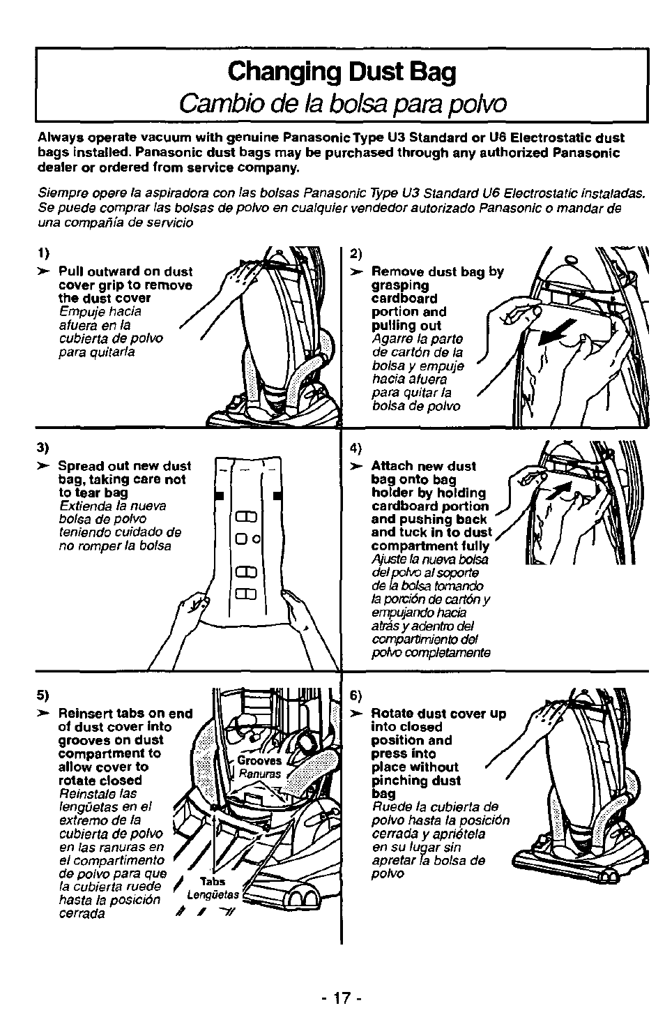 Changing dust bag, Cambio de la bolsa para polvo | Panasonic ASPIRADORA MC-V7521 User Manual | Page 17 / 28