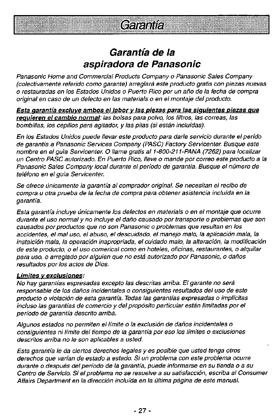 Gatuntía, Garantía de la aspiradora de panasonic | Panasonic ASPIRADORA MC-V7521 User Manual | Page 27 / 28