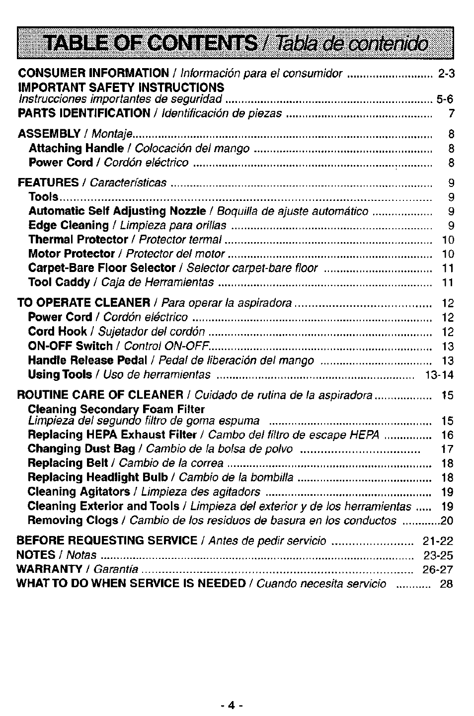 Table of contents / tai | Panasonic ASPIRADORA MC-V7521 User Manual | Page 4 / 28