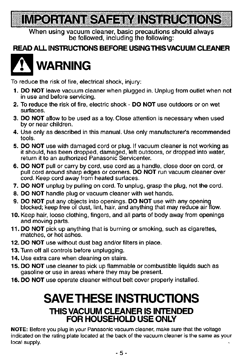 Warning, Savethese instructions | Panasonic ASPIRADORA MC-V7521 User Manual | Page 5 / 28