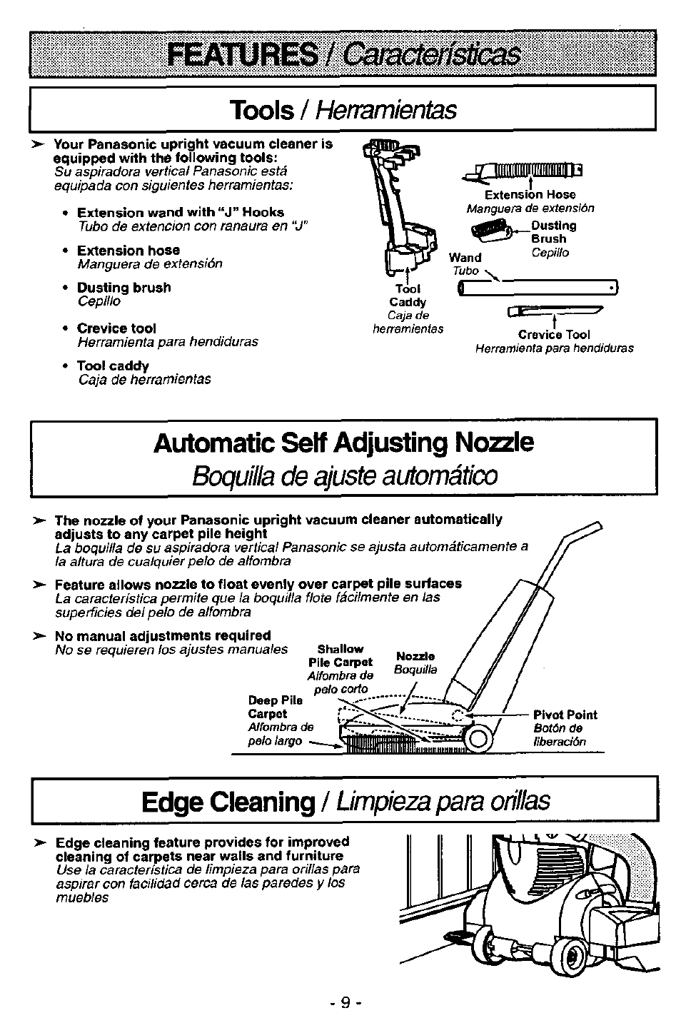 Tools / hensmientas, Extension wand with “j” hooks, Extension hose | Crevice tool, Automatic self adjusting no2zle, Boquilla de ajuste automático, Edge cleaning / limpieza para orillas, Mcídrfslica, Tools, Automatic self adjusting no | Panasonic ASPIRADORA MC-V7521 User Manual | Page 9 / 28