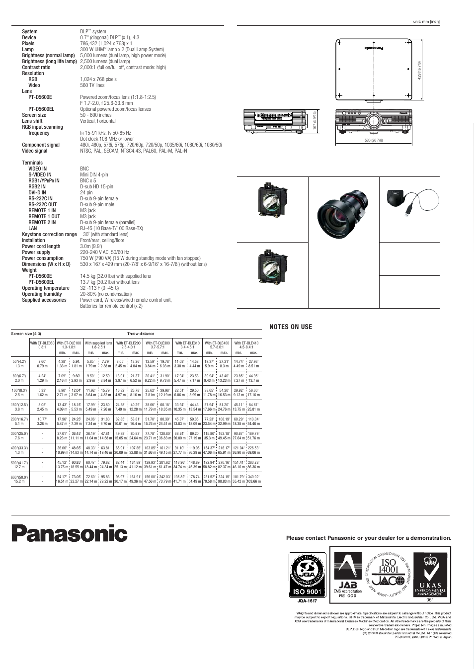 Panasonic PT-D5600EL User Manual | Page 6 / 6