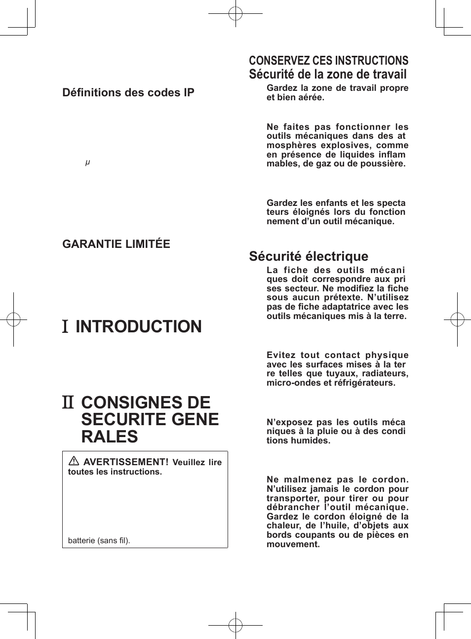 Fr.pdf, Introduction, Consignes de securite gene- rales | Sécurité de la zone de travail, Sécurité électrique, Conservez ces instructions, Définitions des codes ip, Garantie limitée | Panasonic EY7840 User Manual | Page 17 / 48