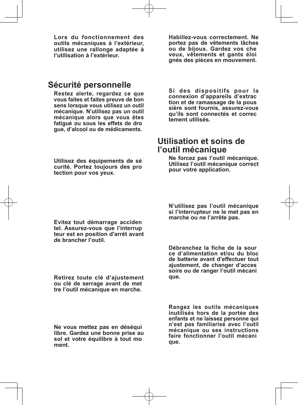 Sécurité personnelle, Utilisation et soins de l’outil mécanique | Panasonic EY7840 User Manual | Page 18 / 48