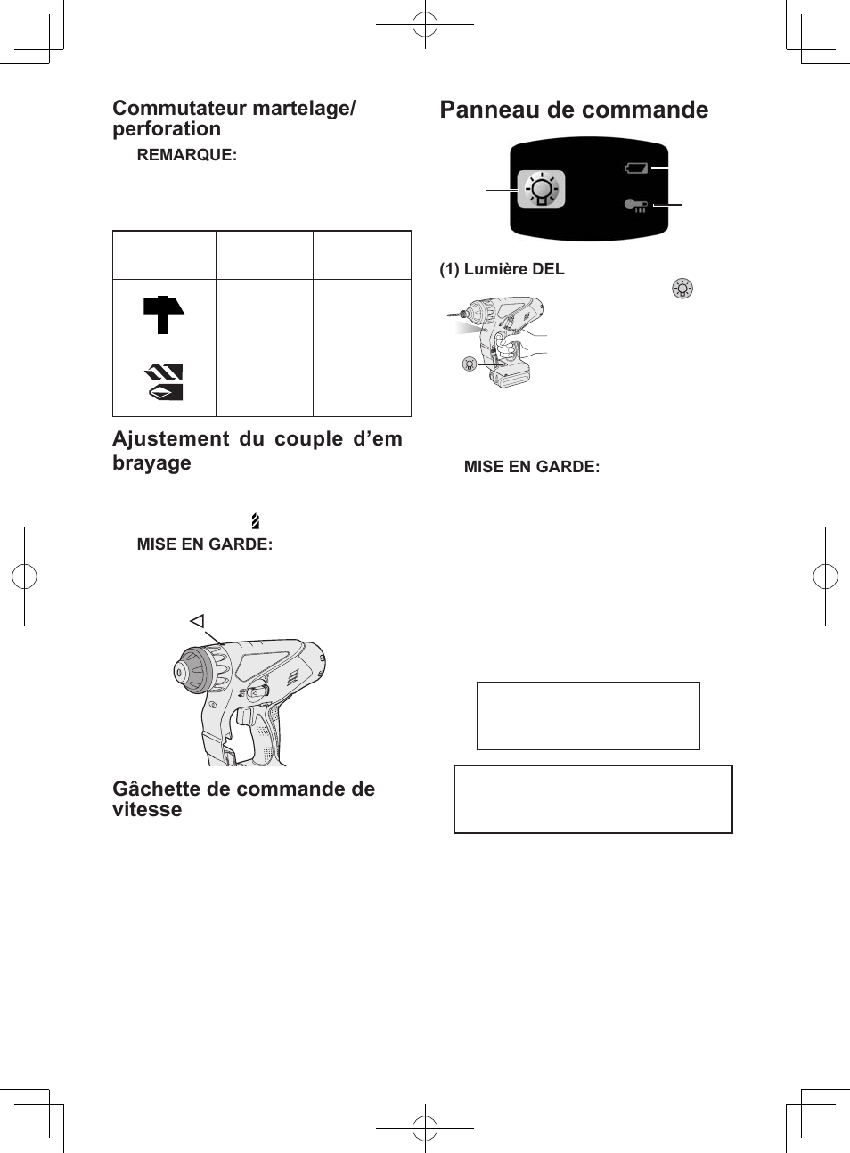 Panneau de commande, Commutateur martelage/ perforation, Ajustement du couple d’em- brayage | Gâchette de commande de vitesse | Panasonic EY7840 User Manual | Page 24 / 48