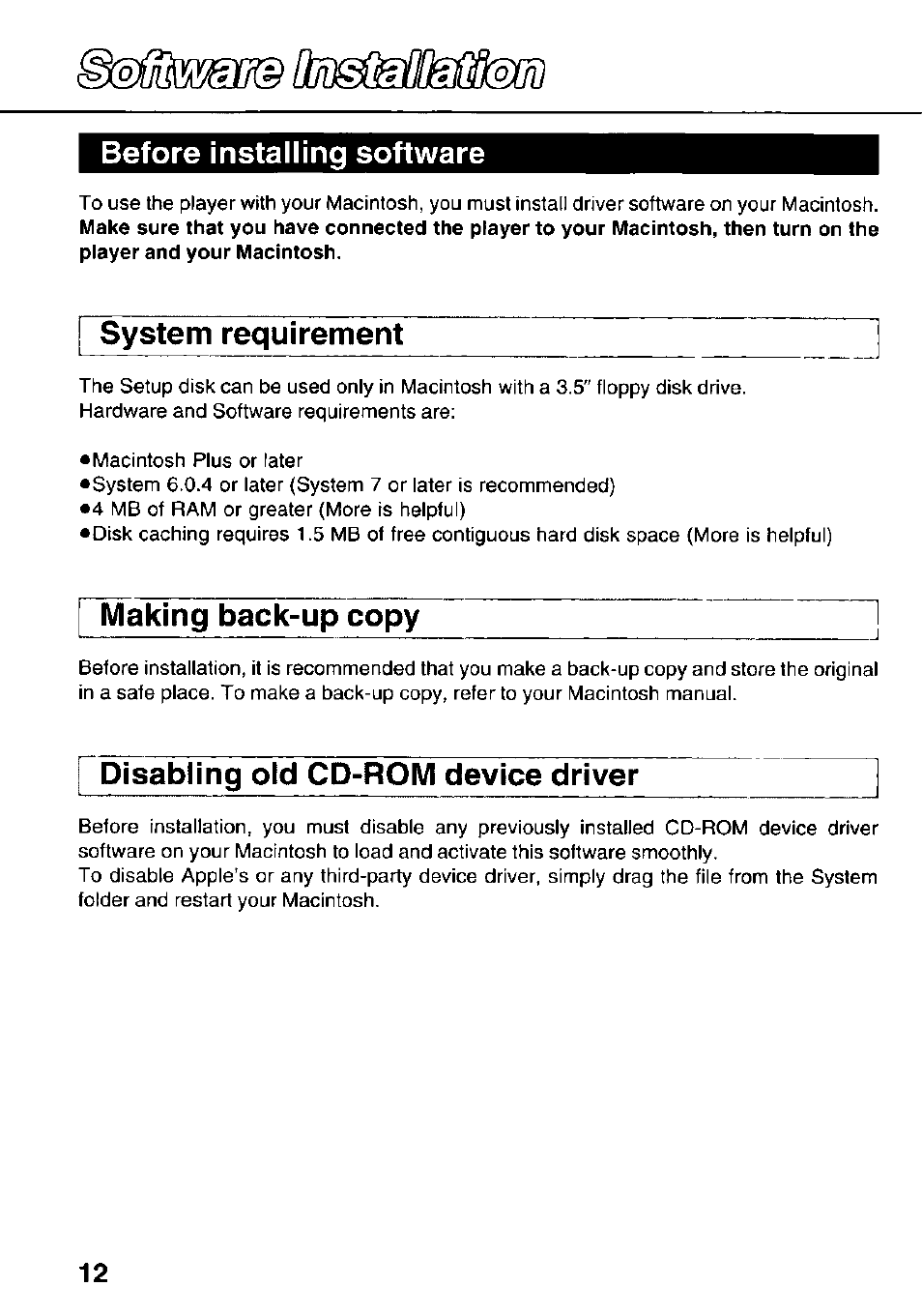 Before installing software, Making back-up copy, Disabling old cd-rom device driver | System requirement | Panasonic KXL-783M User Manual | Page 12 / 44