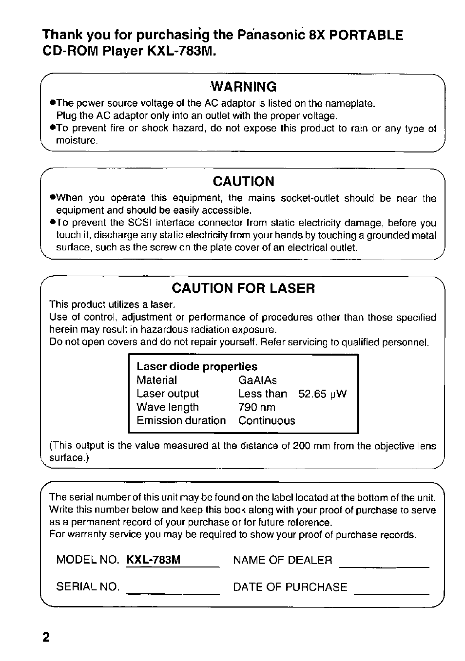 Warning, Caution, Caution for laser | Panasonic KXL-783M User Manual | Page 2 / 44