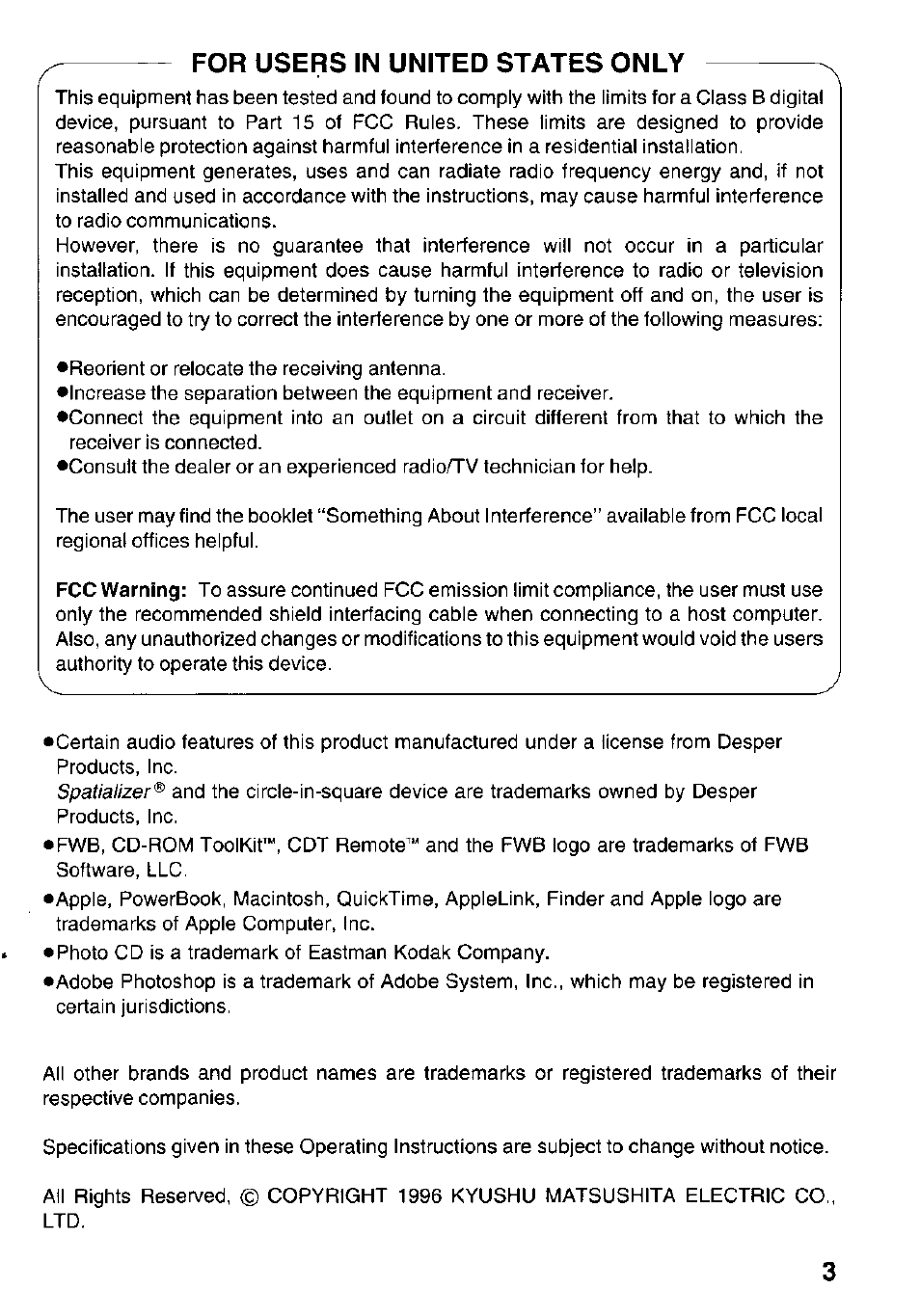 For users in united states only | Panasonic KXL-783M User Manual | Page 3 / 44