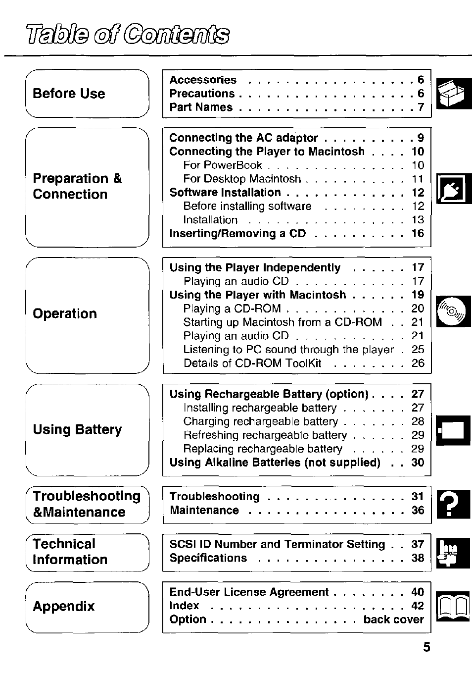 Before use, Preparation & connection, Operation | Using battery, Troubleshooting, Maintenance, Technical, Information, Appendix | Panasonic KXL-783M User Manual | Page 5 / 44