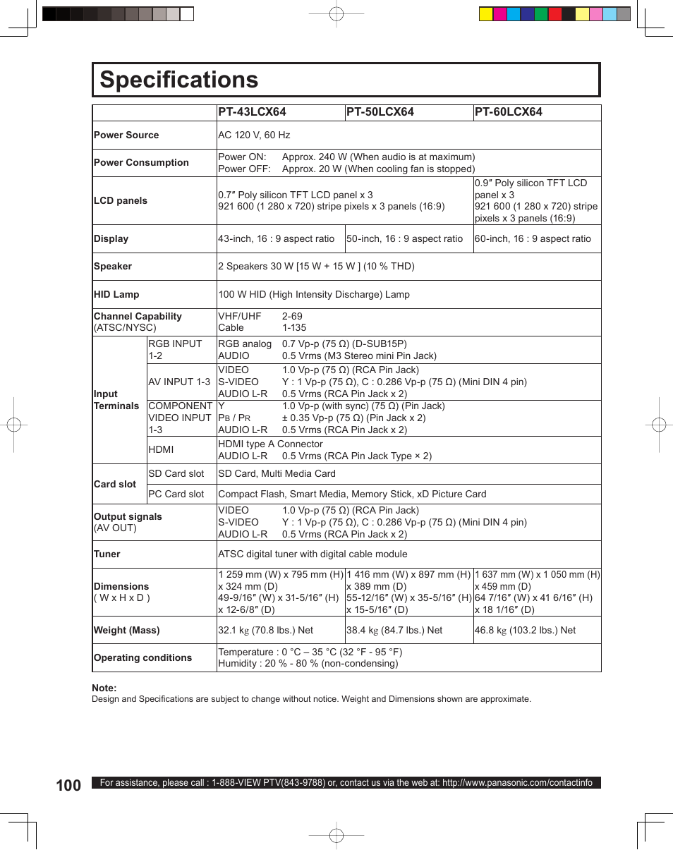 Specifications, Spec i fi ca tions | Panasonic PT 60LCX64 User Manual | Page 100 / 112