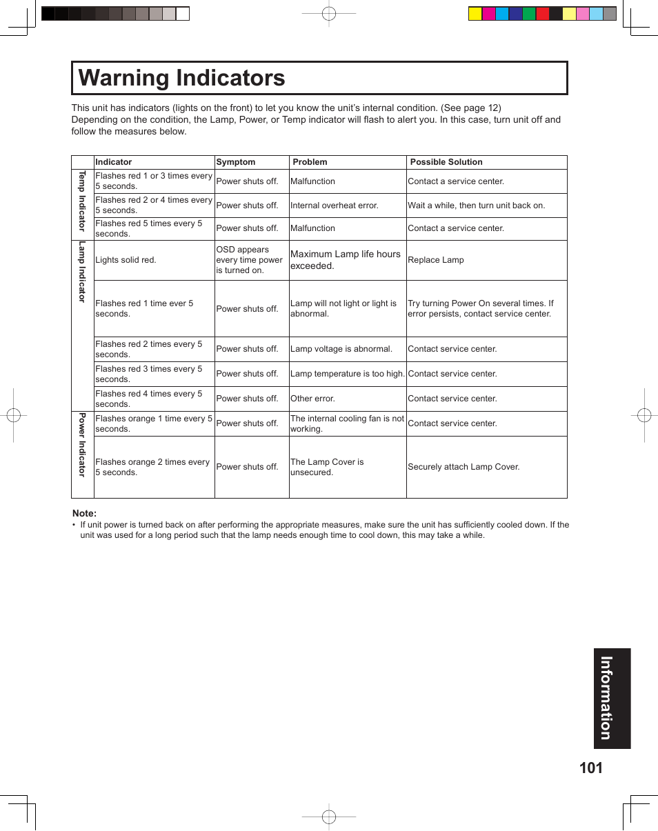 Warning indicators, 101 information | Panasonic PT 60LCX64 User Manual | Page 101 / 112