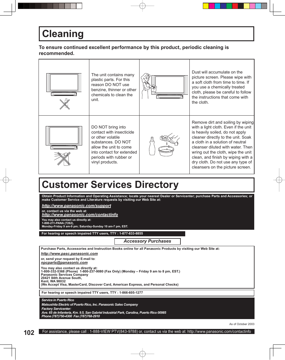 Cleaning, Customer service directory, Clean ing customer services directory | Panasonic PT 60LCX64 User Manual | Page 102 / 112