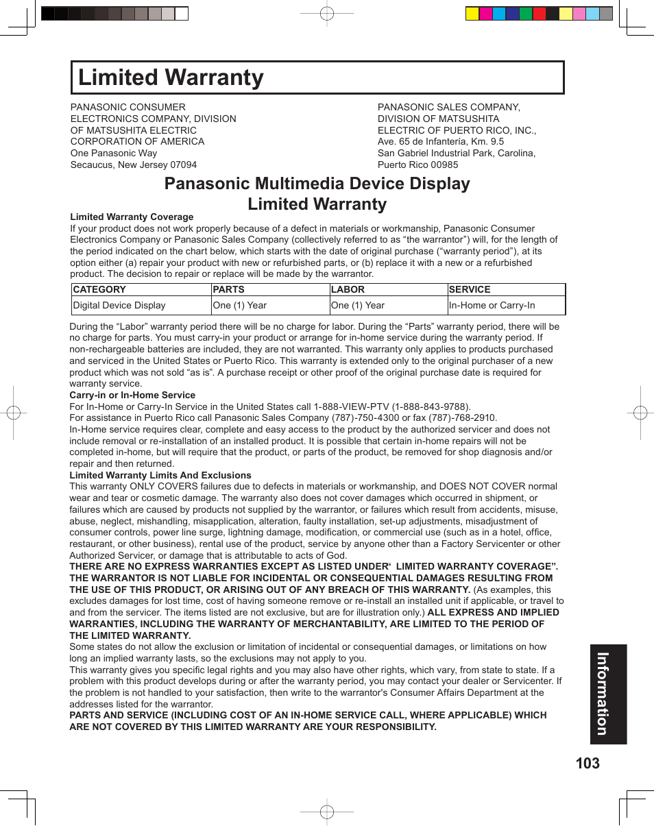 Limited warranty, 103 information | Panasonic PT 60LCX64 User Manual | Page 103 / 112
