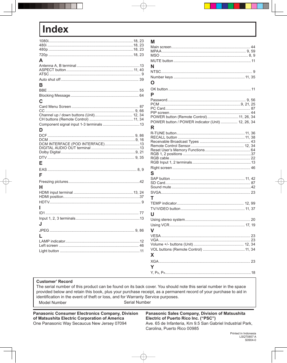 Index | Panasonic PT 60LCX64 User Manual | Page 112 / 112
